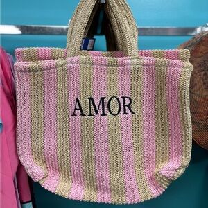 Surf Style Pink and Tan Striped Beach Tote Bag